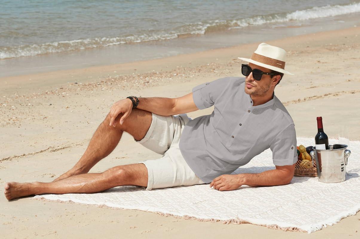imageJMIERR Mens Cotton Linen Henley Shirt Casual Button Down Short Sleeve Tropical Shirts Summer Beach T ShirtsE Gray