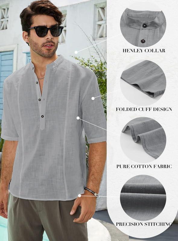 imageJMIERR Mens Cotton Linen Henley Shirt Casual Button Down Short Sleeve Tropical Shirts Summer Beach T ShirtsE Gray
