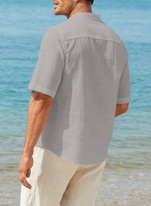 imageJMIERR Mens Cotton Linen Henley Shirt Casual Button Down Short Sleeve Tropical Shirts Summer Beach T ShirtsE Gray