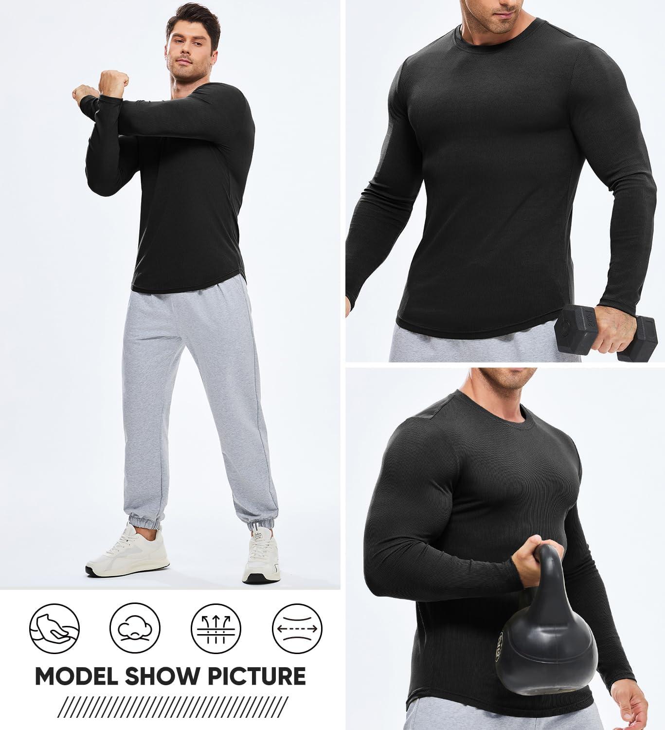imageJMIERR Mens Fall Crewneck Shirt Long Sleeve AntiWrinkle Casual Muscle T Shirts Longline Ribbed Shirts0 Black