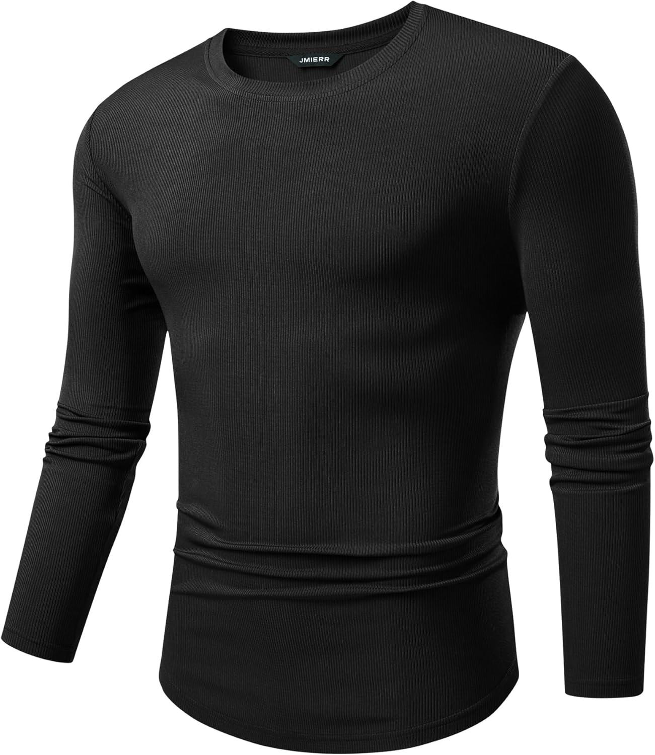 imageJMIERR Mens Fall Crewneck Shirt Long Sleeve AntiWrinkle Casual Muscle T Shirts Longline Ribbed Shirts0 Black