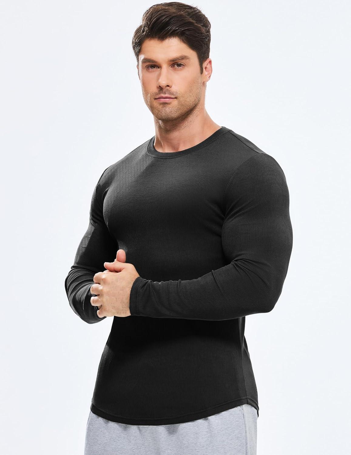 imageJMIERR Mens Fall Crewneck Shirt Long Sleeve AntiWrinkle Casual Muscle T Shirts Longline Ribbed Shirts0 Black