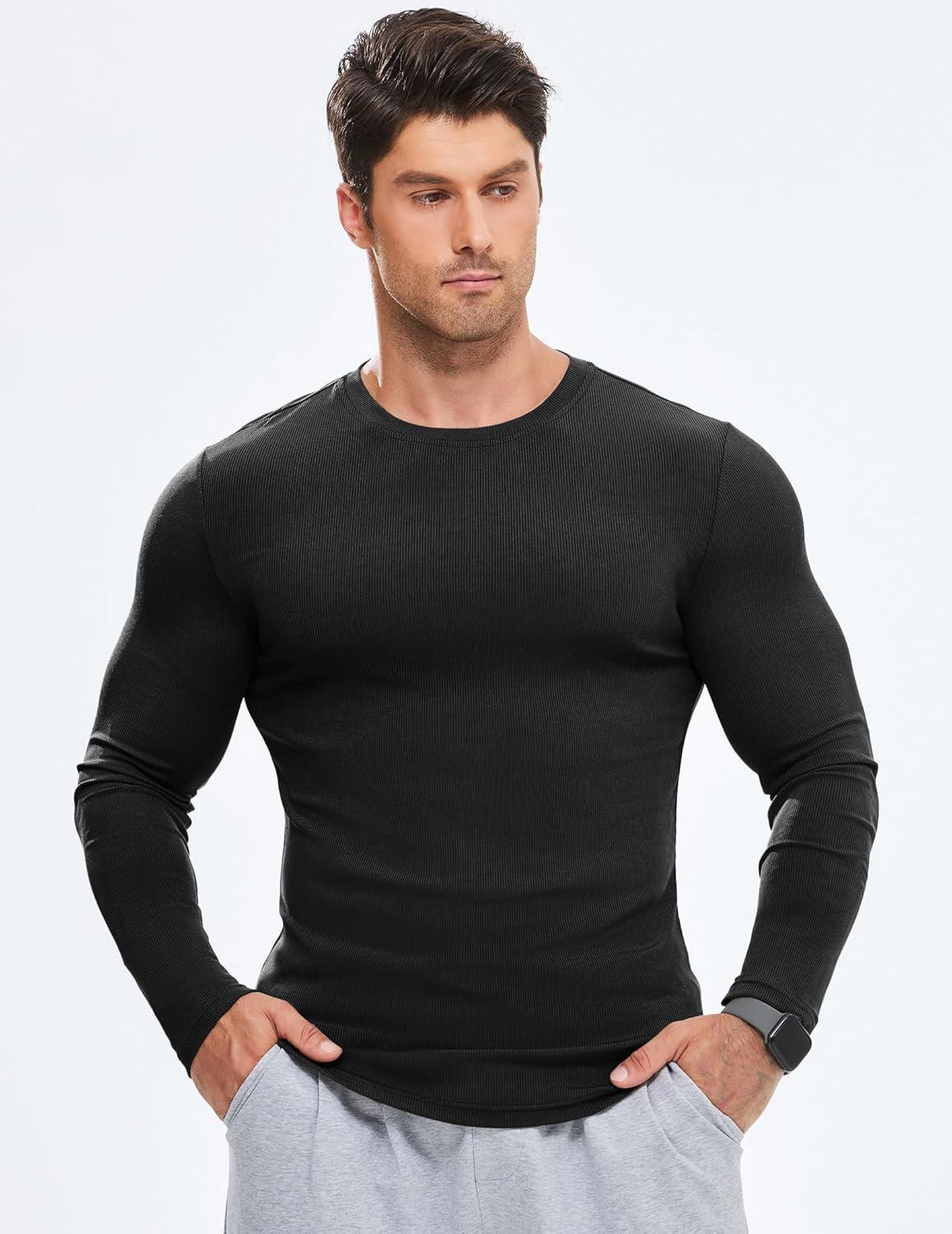 imageJMIERR Mens Fall Crewneck Shirt Long Sleeve AntiWrinkle Casual Muscle T Shirts Longline Ribbed Shirts0 Black
