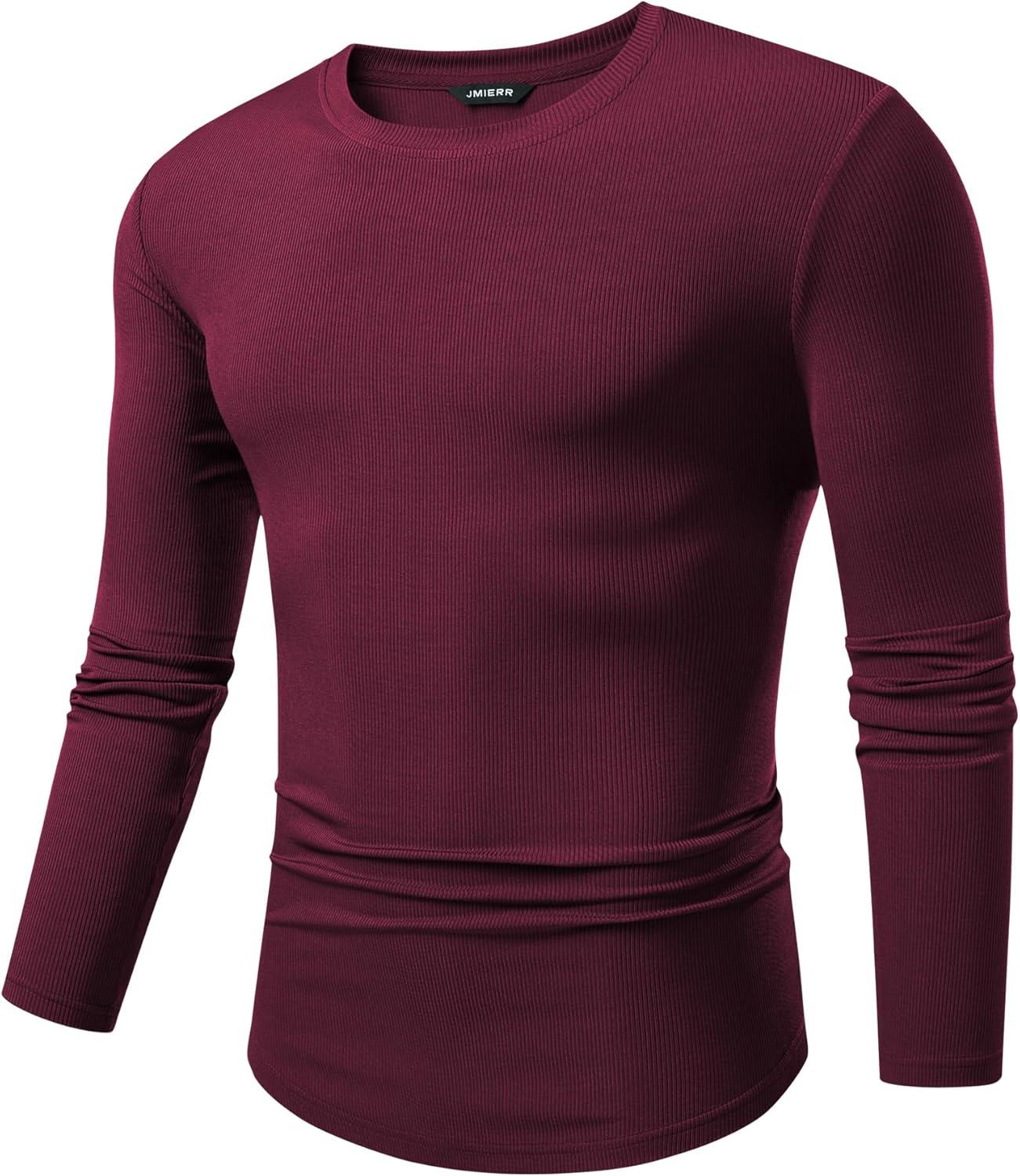 imageJMIERR Mens Fall Crewneck Shirt Long Sleeve AntiWrinkle Casual Muscle T Shirts Longline Ribbed Shirts04 Burgundy