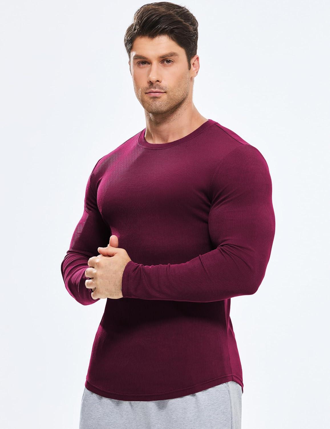 imageJMIERR Mens Fall Crewneck Shirt Long Sleeve AntiWrinkle Casual Muscle T Shirts Longline Ribbed Shirts04 Burgundy
