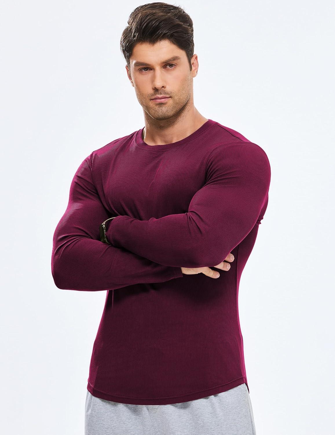 imageJMIERR Mens Fall Crewneck Shirt Long Sleeve AntiWrinkle Casual Muscle T Shirts Longline Ribbed Shirts04 Burgundy