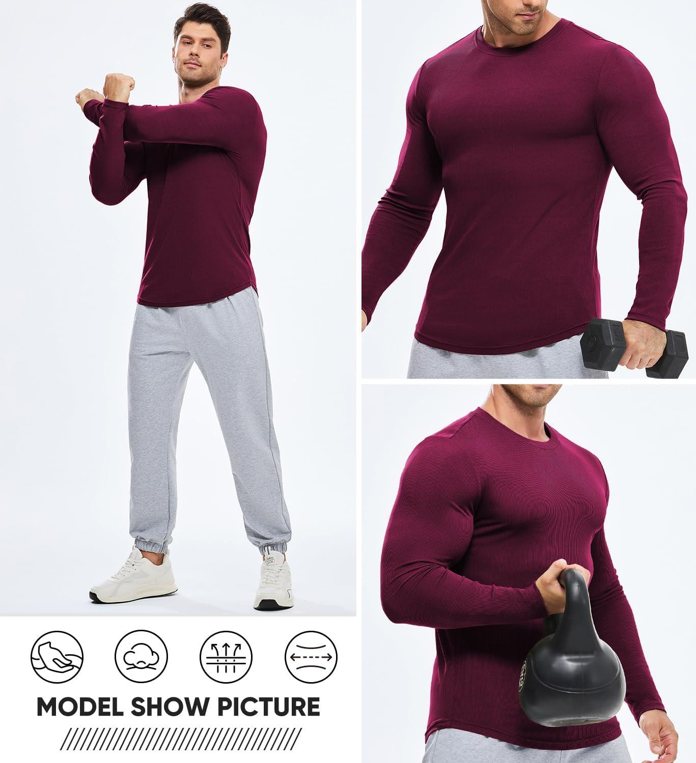 imageJMIERR Mens Fall Crewneck Shirt Long Sleeve AntiWrinkle Casual Muscle T Shirts Longline Ribbed Shirts04 Burgundy