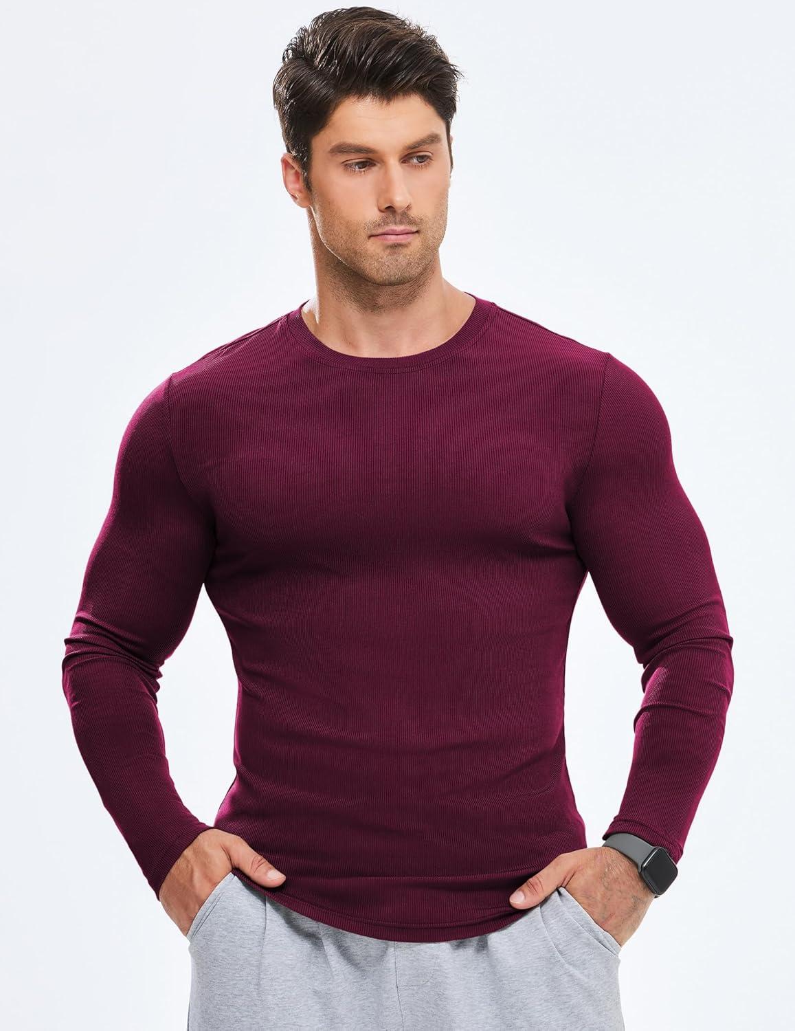 imageJMIERR Mens Fall Crewneck Shirt Long Sleeve AntiWrinkle Casual Muscle T Shirts Longline Ribbed Shirts04 Burgundy