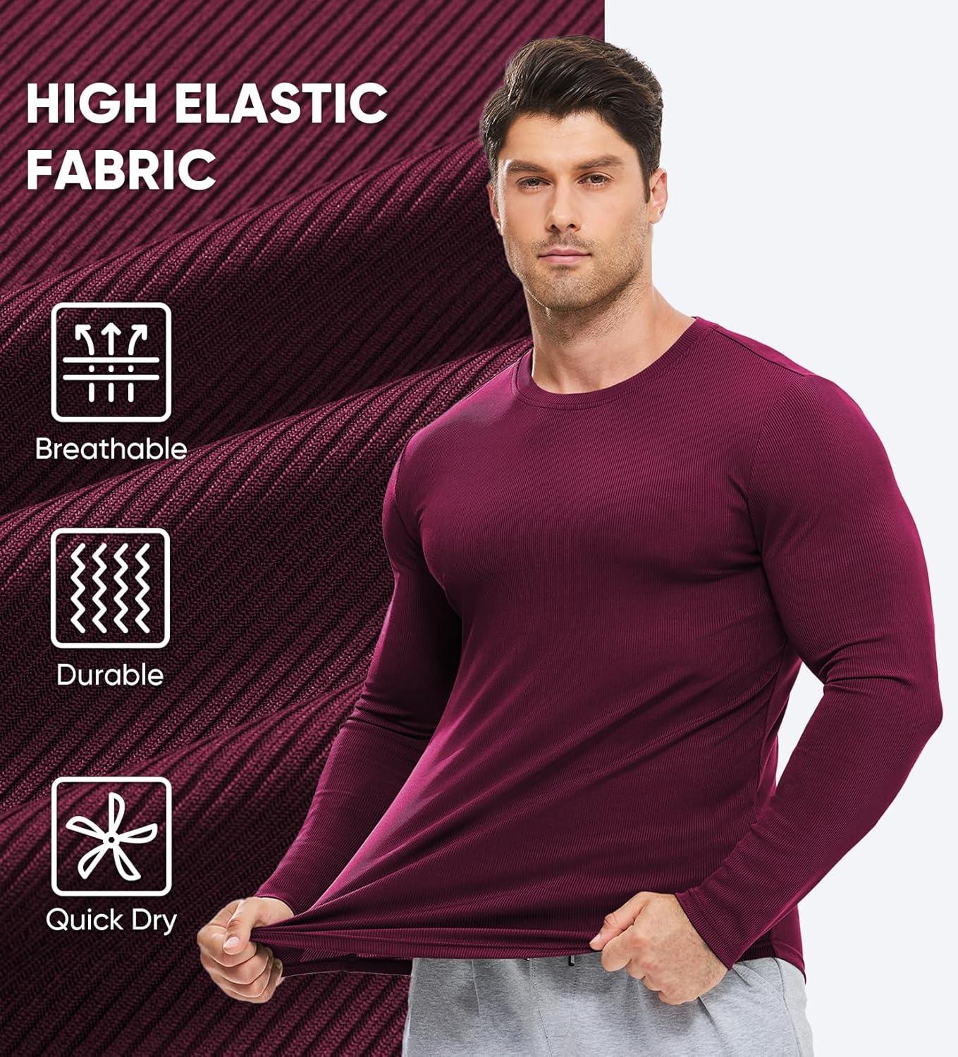 imageJMIERR Mens Fall Crewneck Shirt Long Sleeve AntiWrinkle Casual Muscle T Shirts Longline Ribbed Shirts04 Burgundy