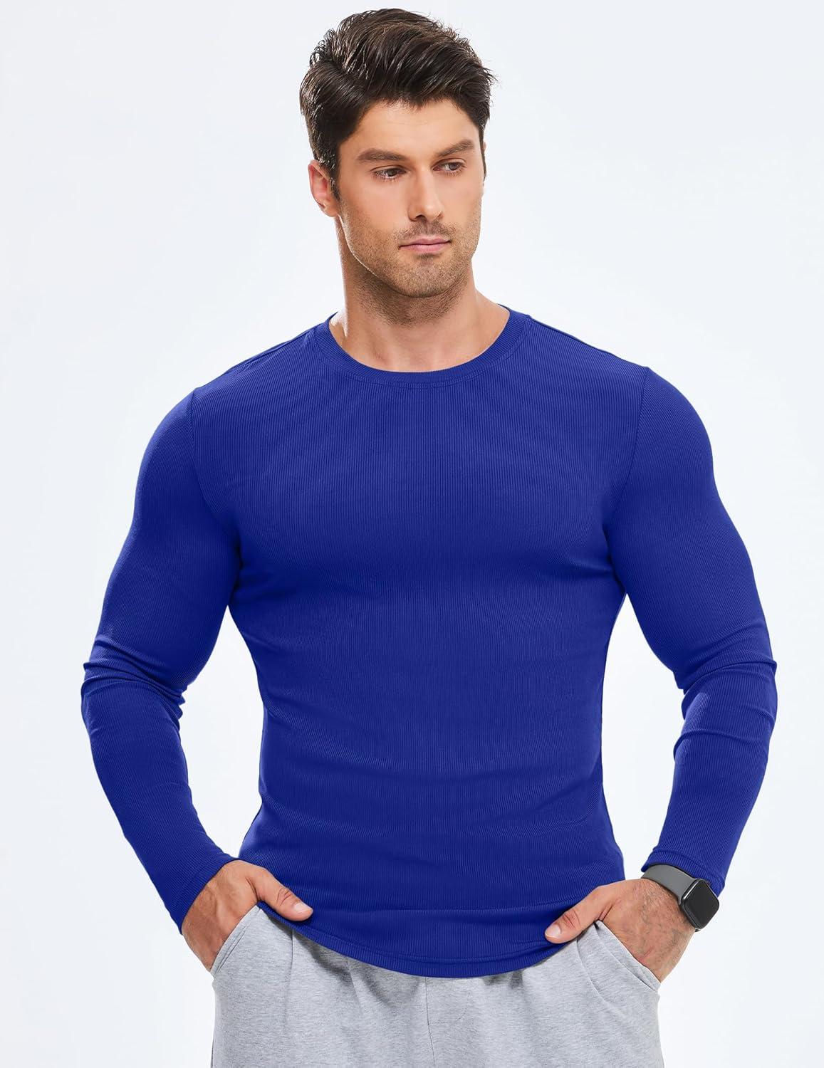 imageJMIERR Mens Fall Crewneck Shirt Long Sleeve AntiWrinkle Casual Muscle T Shirts Longline Ribbed ShirtsDark Blue