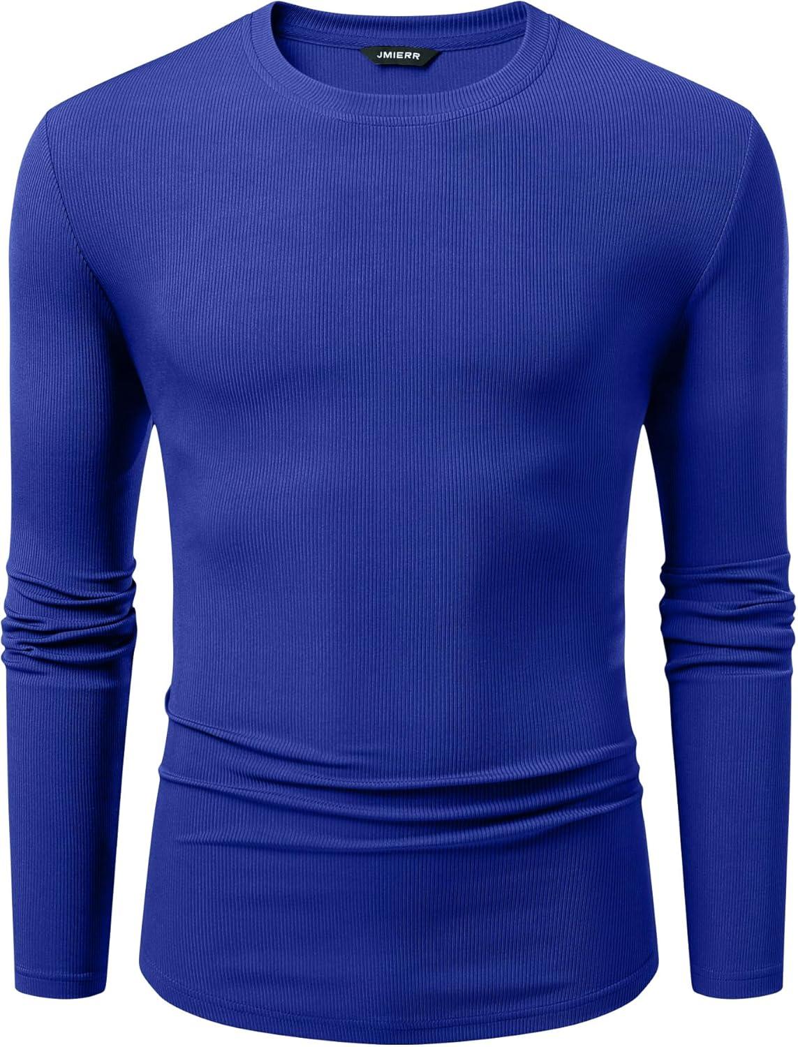 imageJMIERR Mens Fall Crewneck Shirt Long Sleeve AntiWrinkle Casual Muscle T Shirts Longline Ribbed ShirtsDark Blue