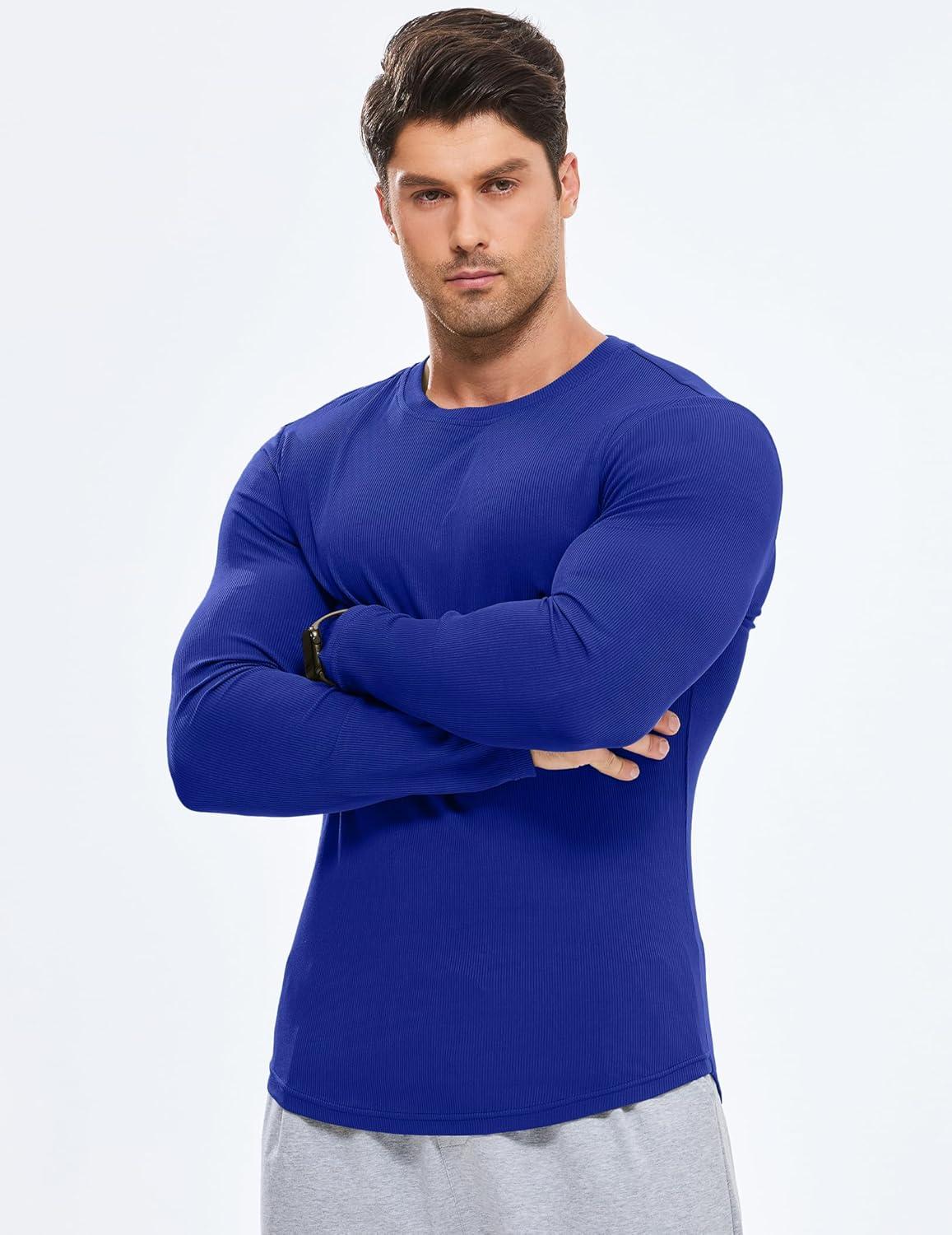 imageJMIERR Mens Fall Crewneck Shirt Long Sleeve AntiWrinkle Casual Muscle T Shirts Longline Ribbed ShirtsDark Blue
