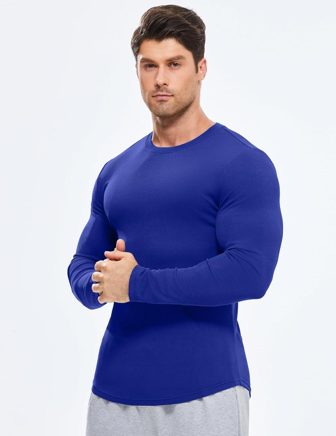 imageJMIERR Mens Fall Crewneck Shirt Long Sleeve AntiWrinkle Casual Muscle T Shirts Longline Ribbed ShirtsDark Blue
