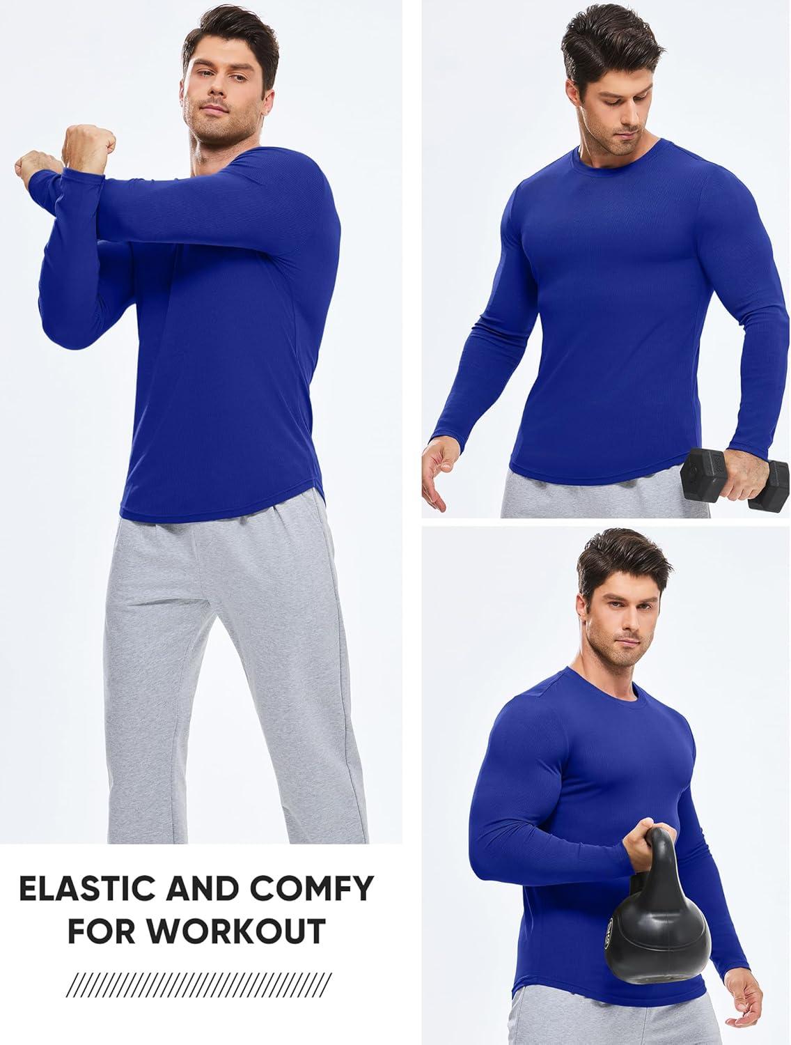 imageJMIERR Mens Fall Crewneck Shirt Long Sleeve AntiWrinkle Casual Muscle T Shirts Longline Ribbed ShirtsDark Blue