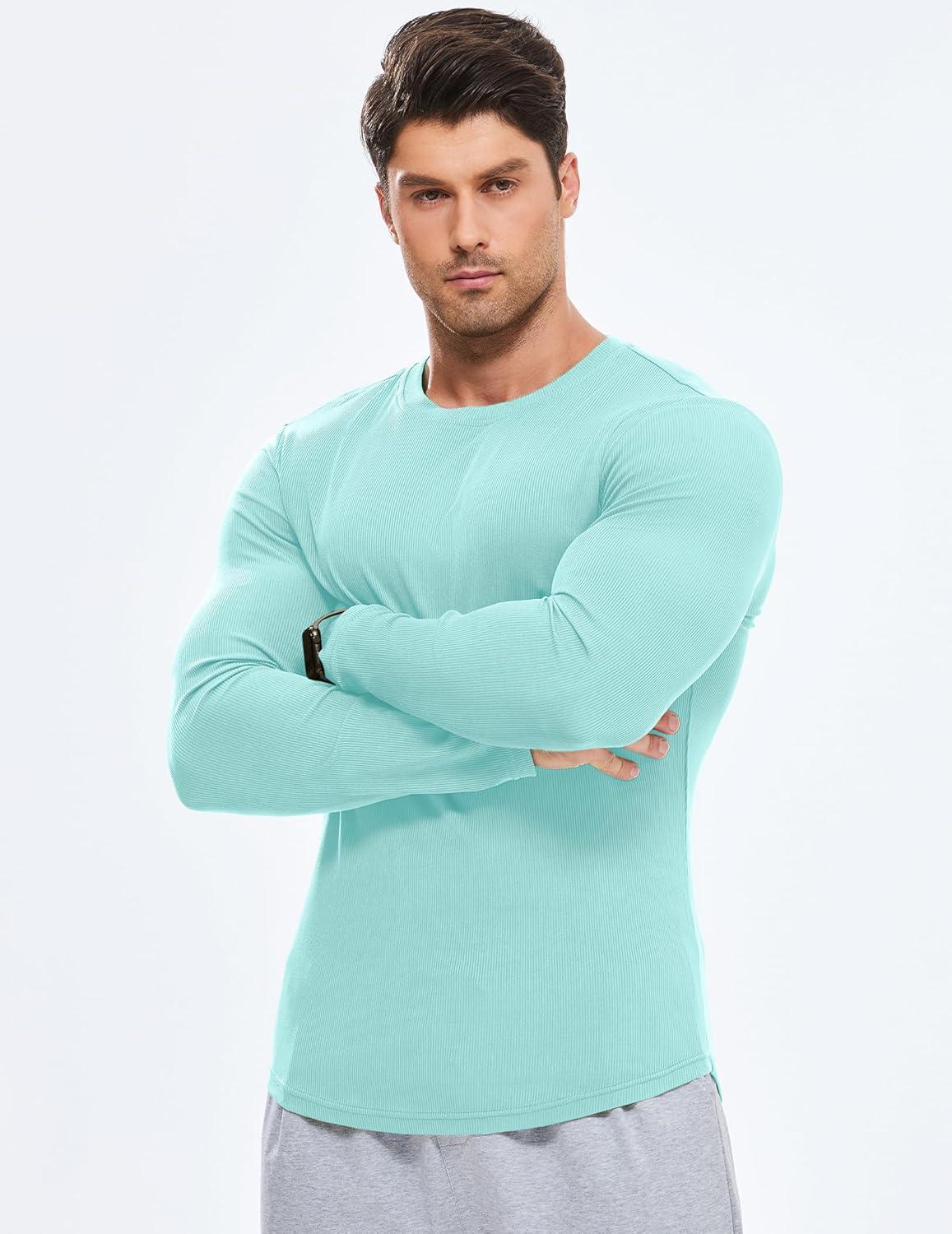 imageJMIERR Mens Fall Crewneck Shirt Long Sleeve AntiWrinkle Casual Muscle T Shirts Longline Ribbed ShirtsMint Green