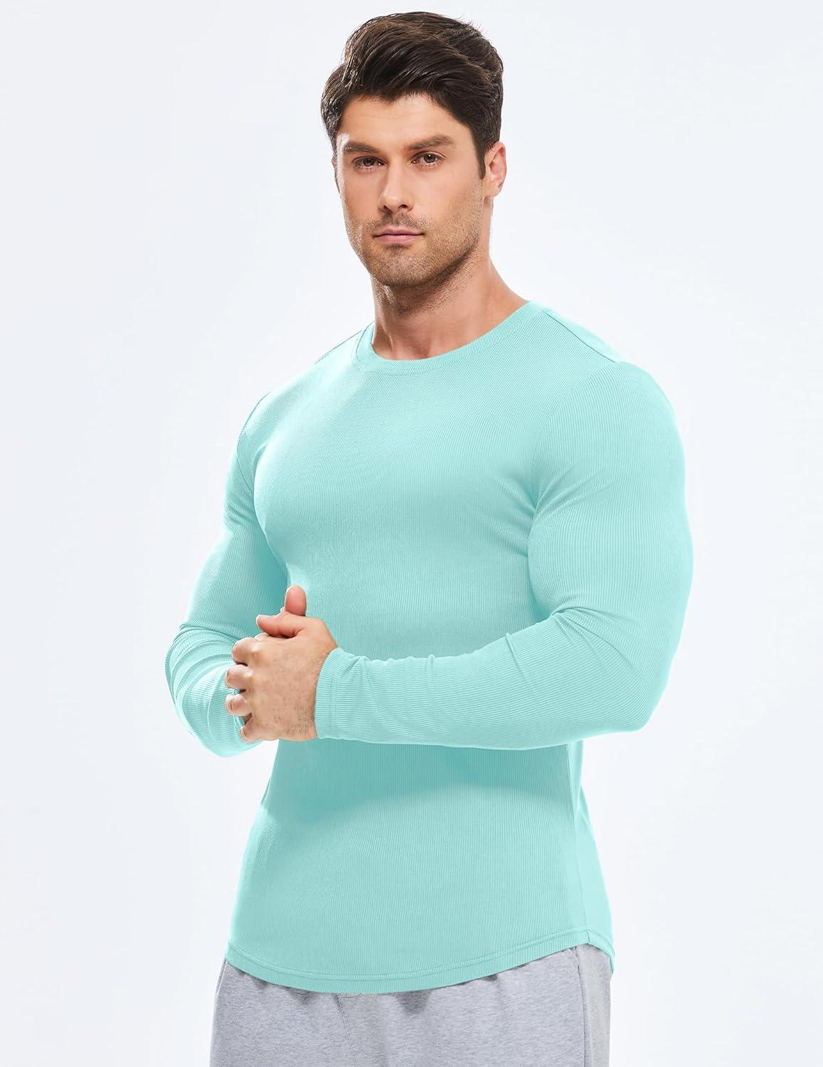 imageJMIERR Mens Fall Crewneck Shirt Long Sleeve AntiWrinkle Casual Muscle T Shirts Longline Ribbed ShirtsMint Green