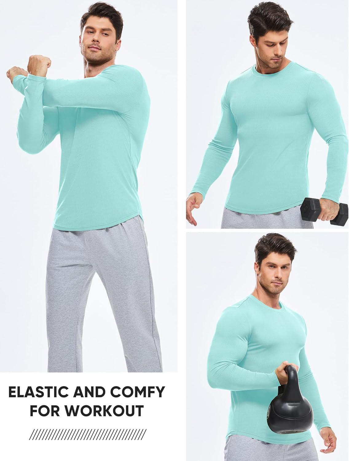 imageJMIERR Mens Fall Crewneck Shirt Long Sleeve AntiWrinkle Casual Muscle T Shirts Longline Ribbed ShirtsMint Green