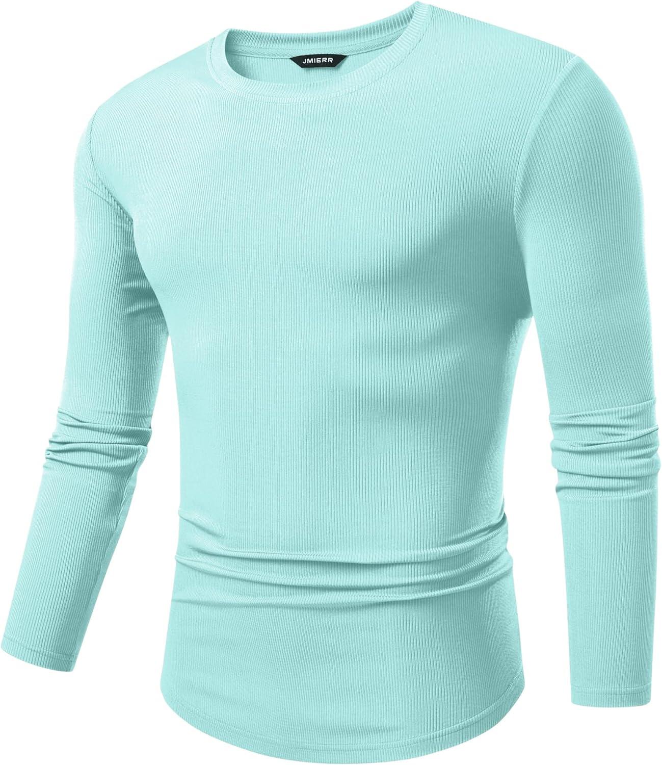 imageJMIERR Mens Fall Crewneck Shirt Long Sleeve AntiWrinkle Casual Muscle T Shirts Longline Ribbed ShirtsMint Green