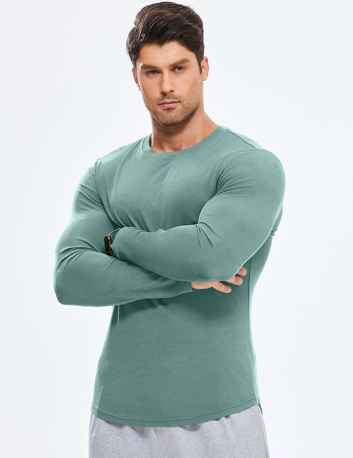 imageJMIERR Mens Fall Crewneck Shirt Long Sleeve AntiWrinkle Casual Muscle T Shirts Longline Ribbed ShirtsMist Green