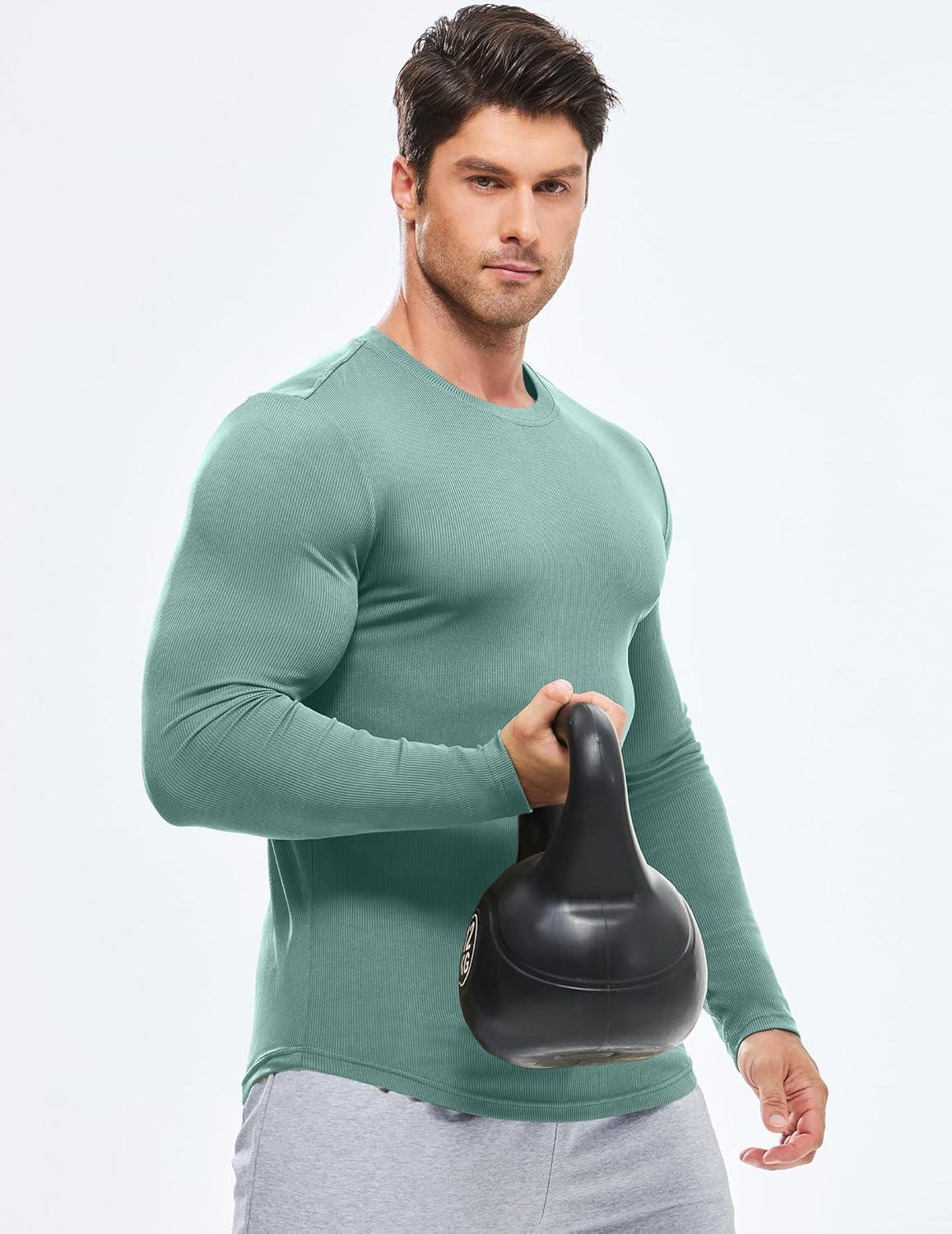 imageJMIERR Mens Fall Crewneck Shirt Long Sleeve AntiWrinkle Casual Muscle T Shirts Longline Ribbed ShirtsMist Green