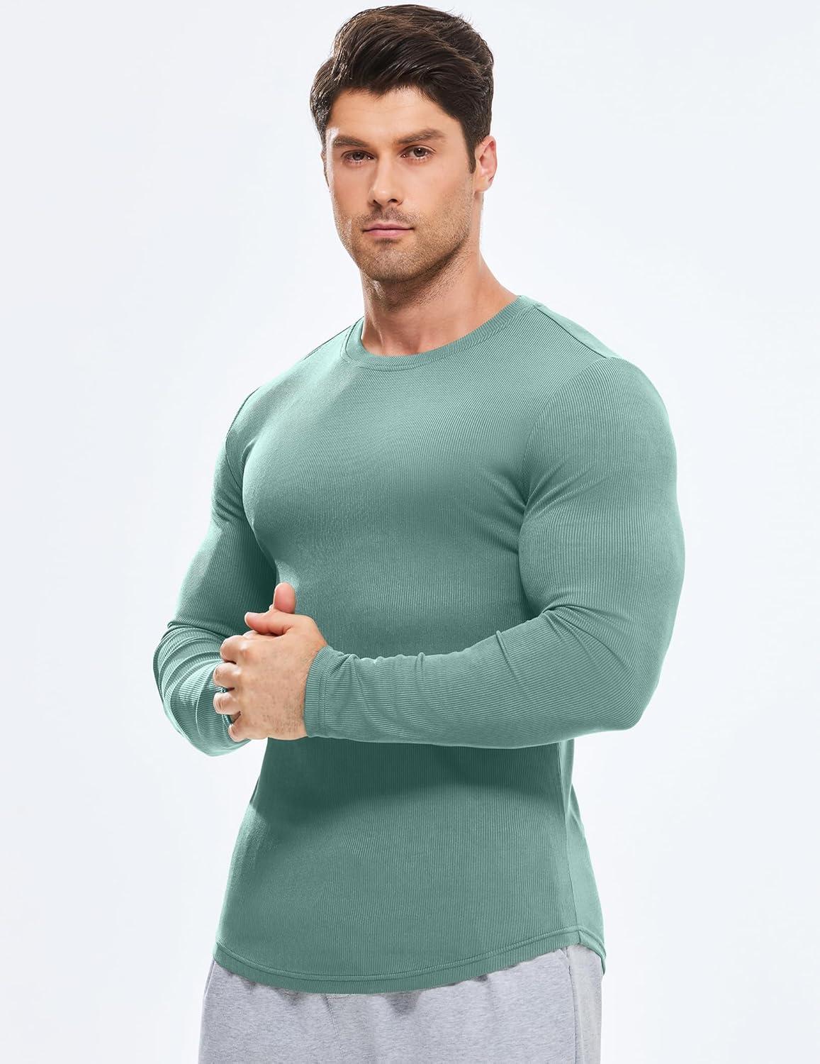 imageJMIERR Mens Fall Crewneck Shirt Long Sleeve AntiWrinkle Casual Muscle T Shirts Longline Ribbed ShirtsMist Green