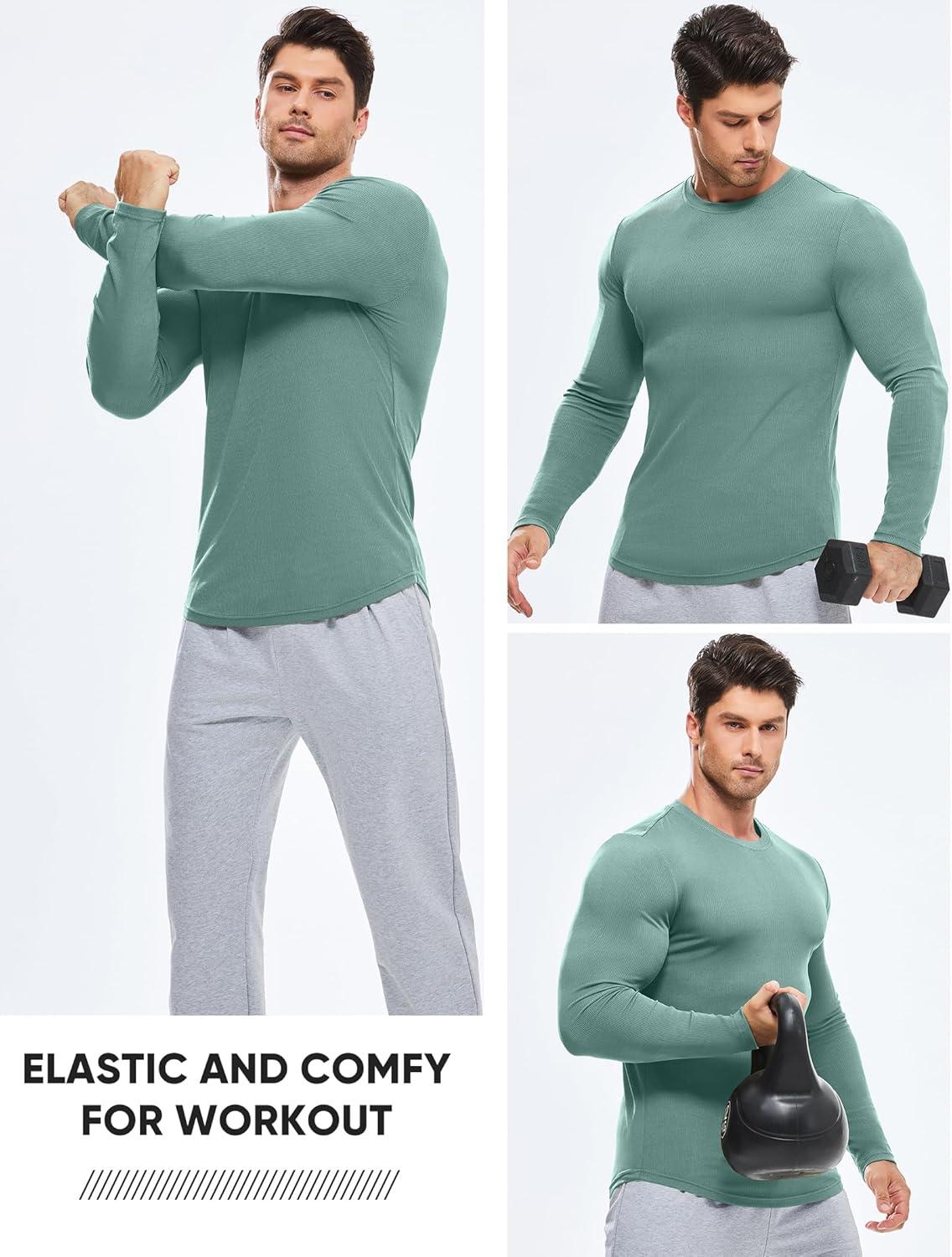 imageJMIERR Mens Fall Crewneck Shirt Long Sleeve AntiWrinkle Casual Muscle T Shirts Longline Ribbed ShirtsMist Green