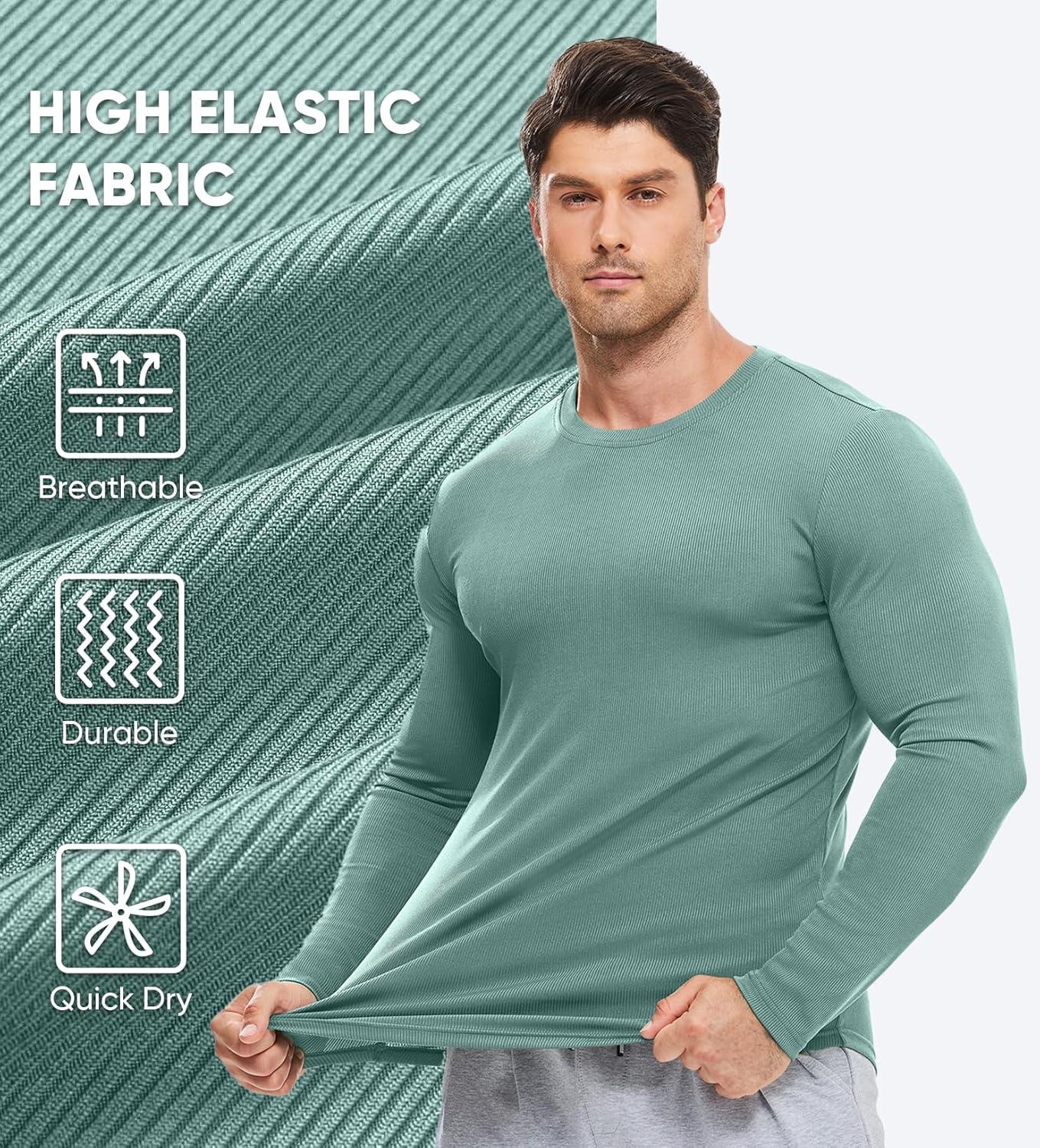 imageJMIERR Mens Fall Crewneck Shirt Long Sleeve AntiWrinkle Casual Muscle T Shirts Longline Ribbed ShirtsMist Green
