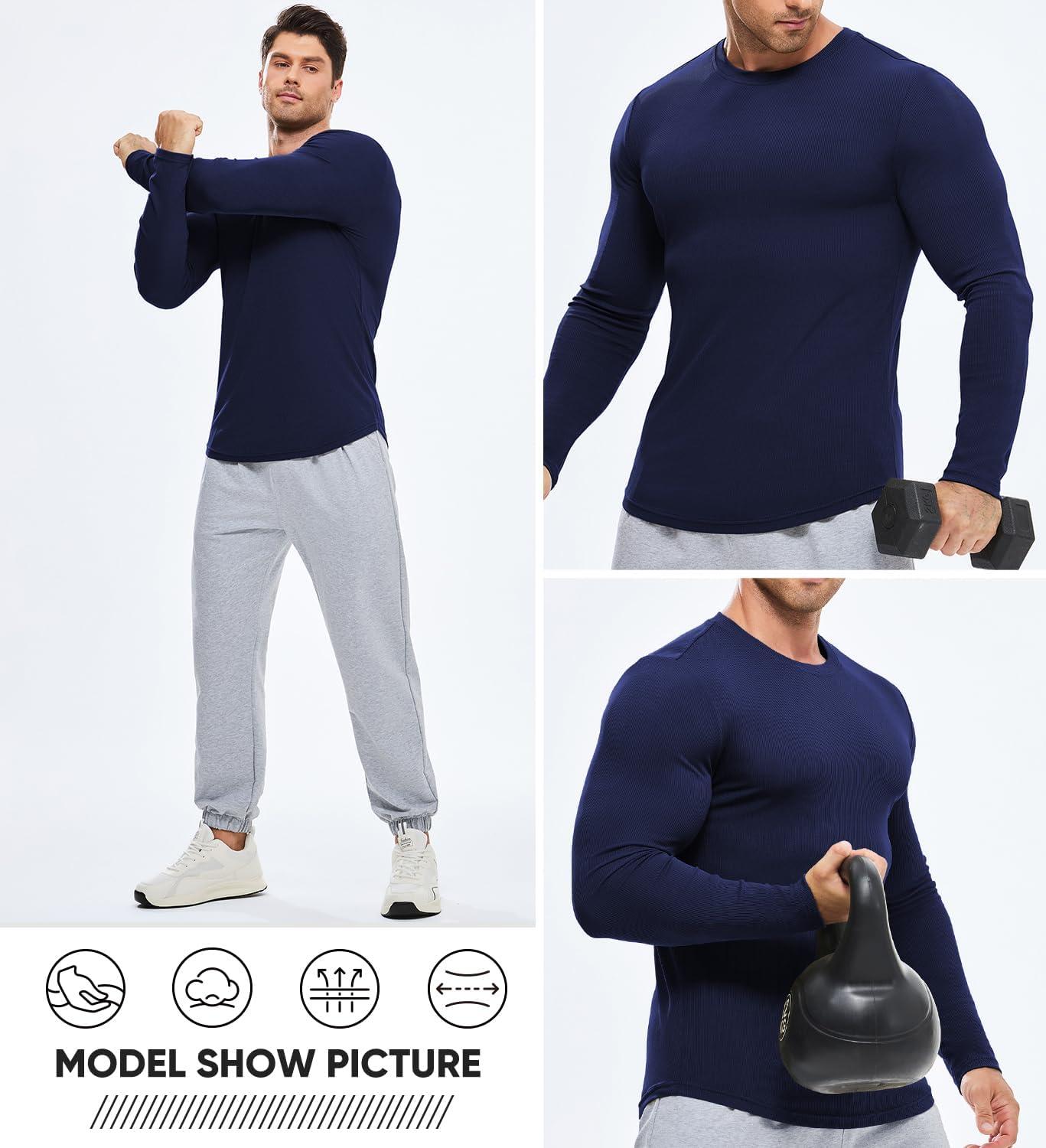 imageJMIERR Mens Fall Crewneck Shirt Long Sleeve AntiWrinkle Casual Muscle T Shirts Longline Ribbed ShirtsNavy Blue