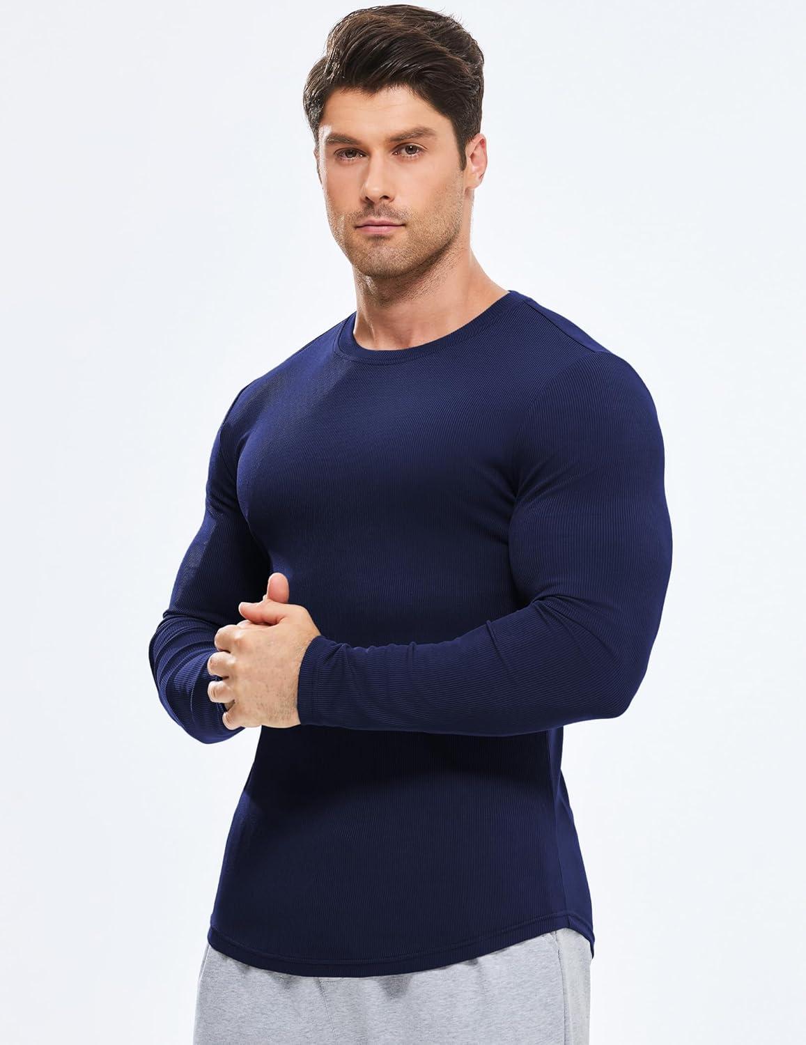 imageJMIERR Mens Fall Crewneck Shirt Long Sleeve AntiWrinkle Casual Muscle T Shirts Longline Ribbed ShirtsNavy Blue