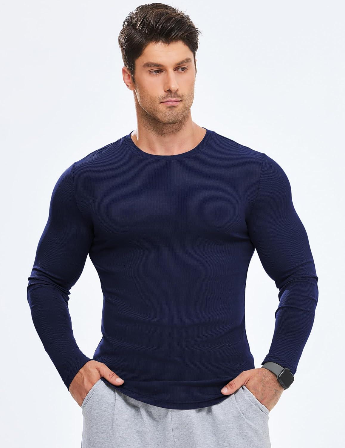 imageJMIERR Mens Fall Crewneck Shirt Long Sleeve AntiWrinkle Casual Muscle T Shirts Longline Ribbed ShirtsNavy Blue