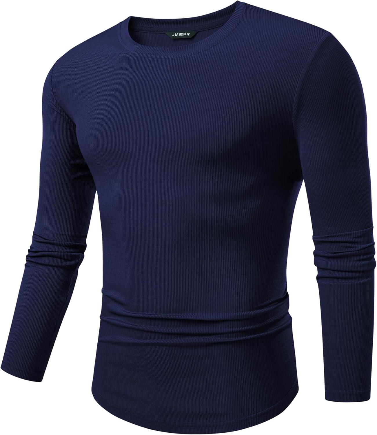 imageJMIERR Mens Fall Crewneck Shirt Long Sleeve AntiWrinkle Casual Muscle T Shirts Longline Ribbed ShirtsNavy Blue