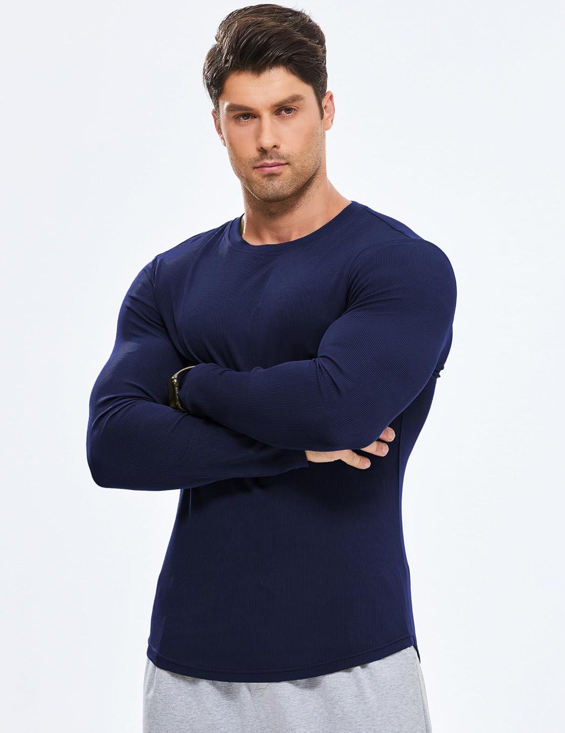 imageJMIERR Mens Fall Crewneck Shirt Long Sleeve AntiWrinkle Casual Muscle T Shirts Longline Ribbed ShirtsNavy Blue