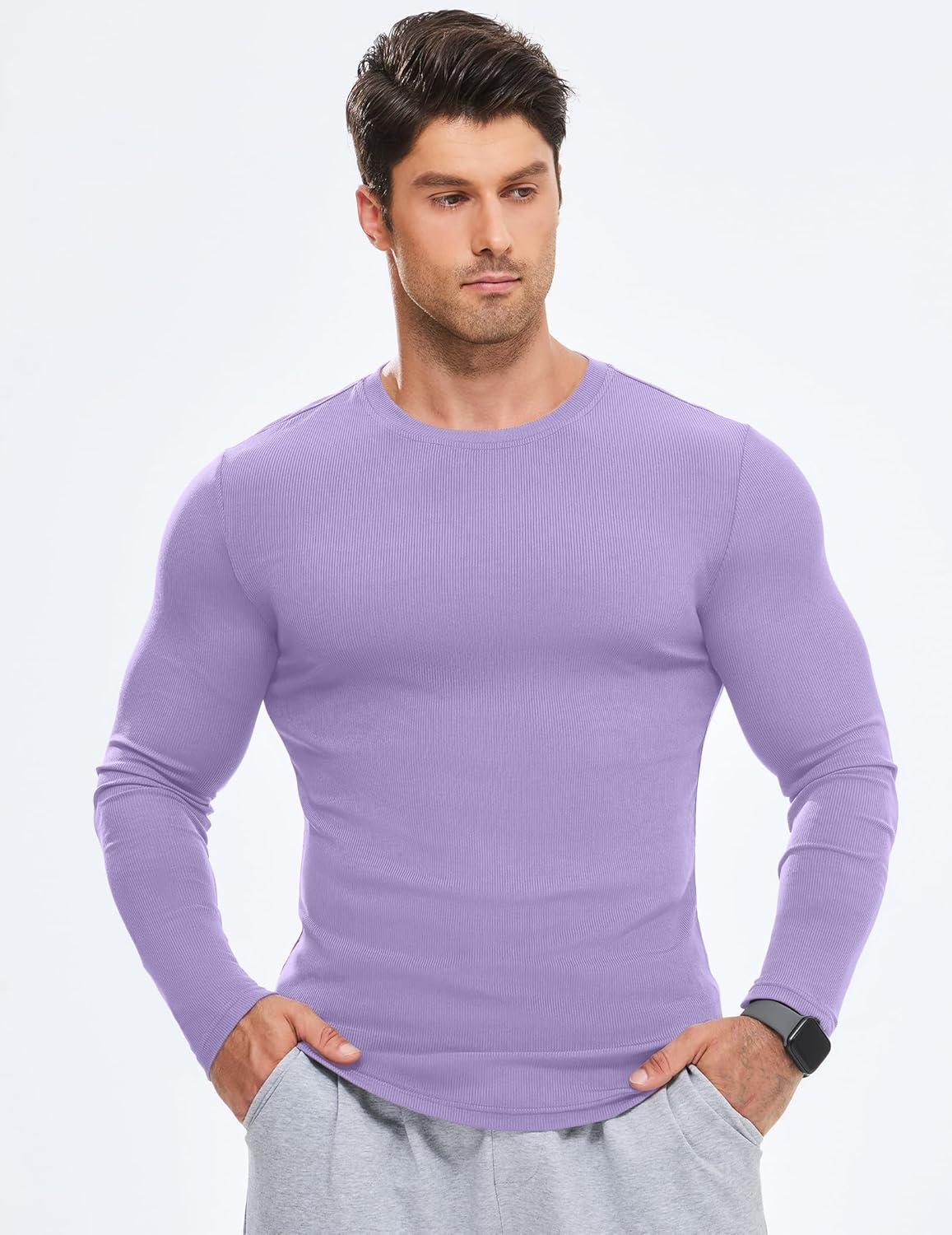 imageJMIERR Mens Fall Crewneck Shirt Long Sleeve AntiWrinkle Casual Muscle T Shirts Longline Ribbed ShirtsOrchid Purple