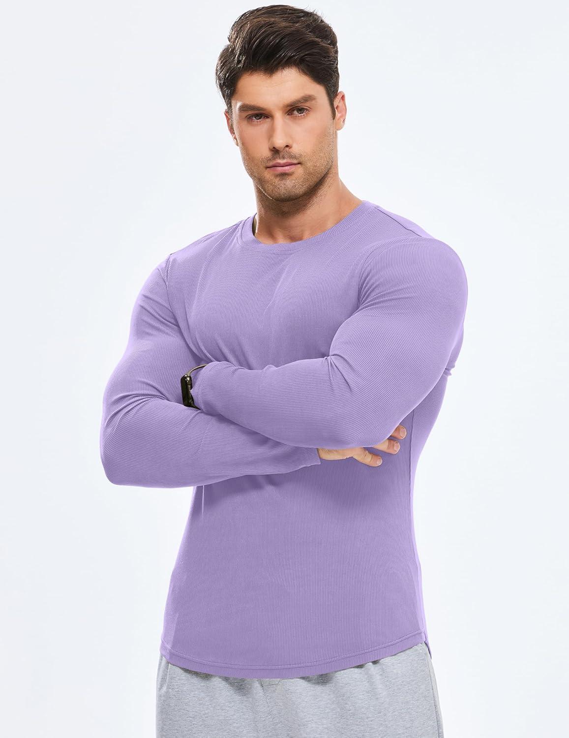 imageJMIERR Mens Fall Crewneck Shirt Long Sleeve AntiWrinkle Casual Muscle T Shirts Longline Ribbed ShirtsOrchid Purple
