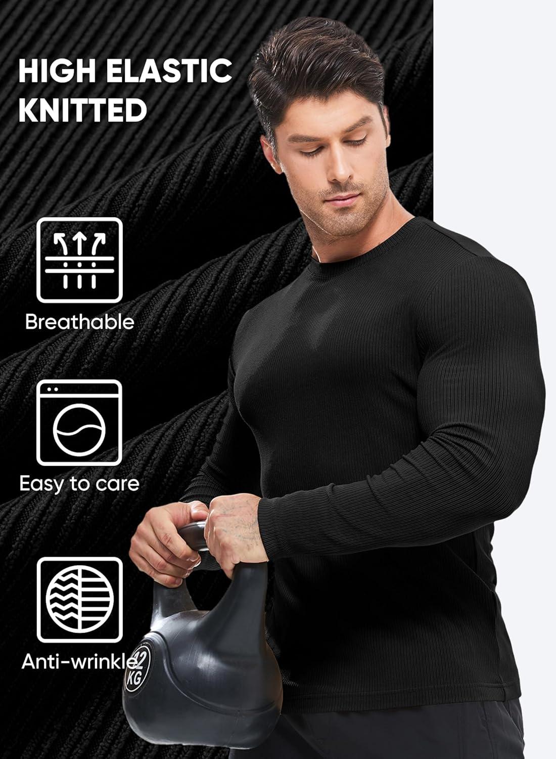 imageJMIERR Mens Fall Crewneck Shirt Long Sleeve AntiWrinkle Casual Muscle T Shirts Workout Slim Fitted0 Black