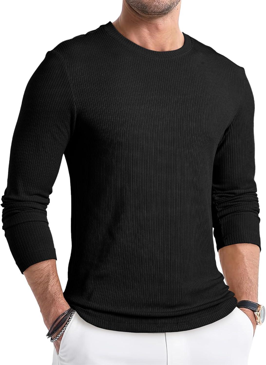 imageJMIERR Mens Fall Crewneck Shirt Long Sleeve AntiWrinkle Casual Muscle T Shirts Workout Slim Fitted0 Black