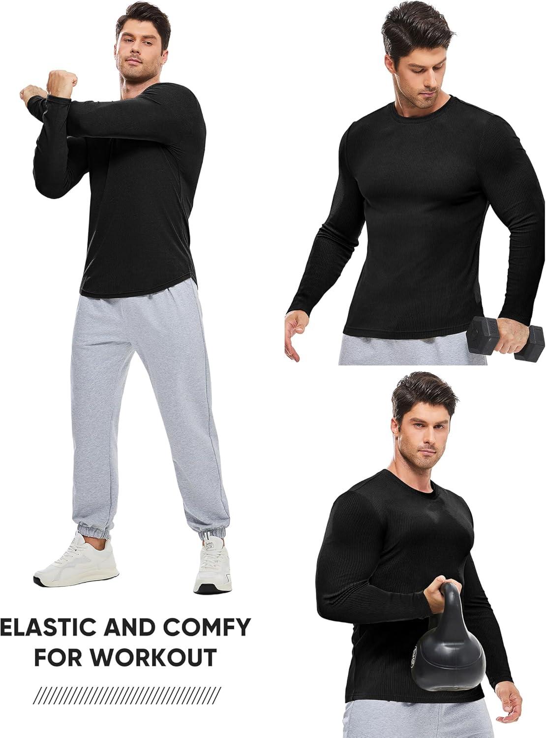 imageJMIERR Mens Fall Crewneck Shirt Long Sleeve AntiWrinkle Casual Muscle T Shirts Workout Slim Fitted0 Black