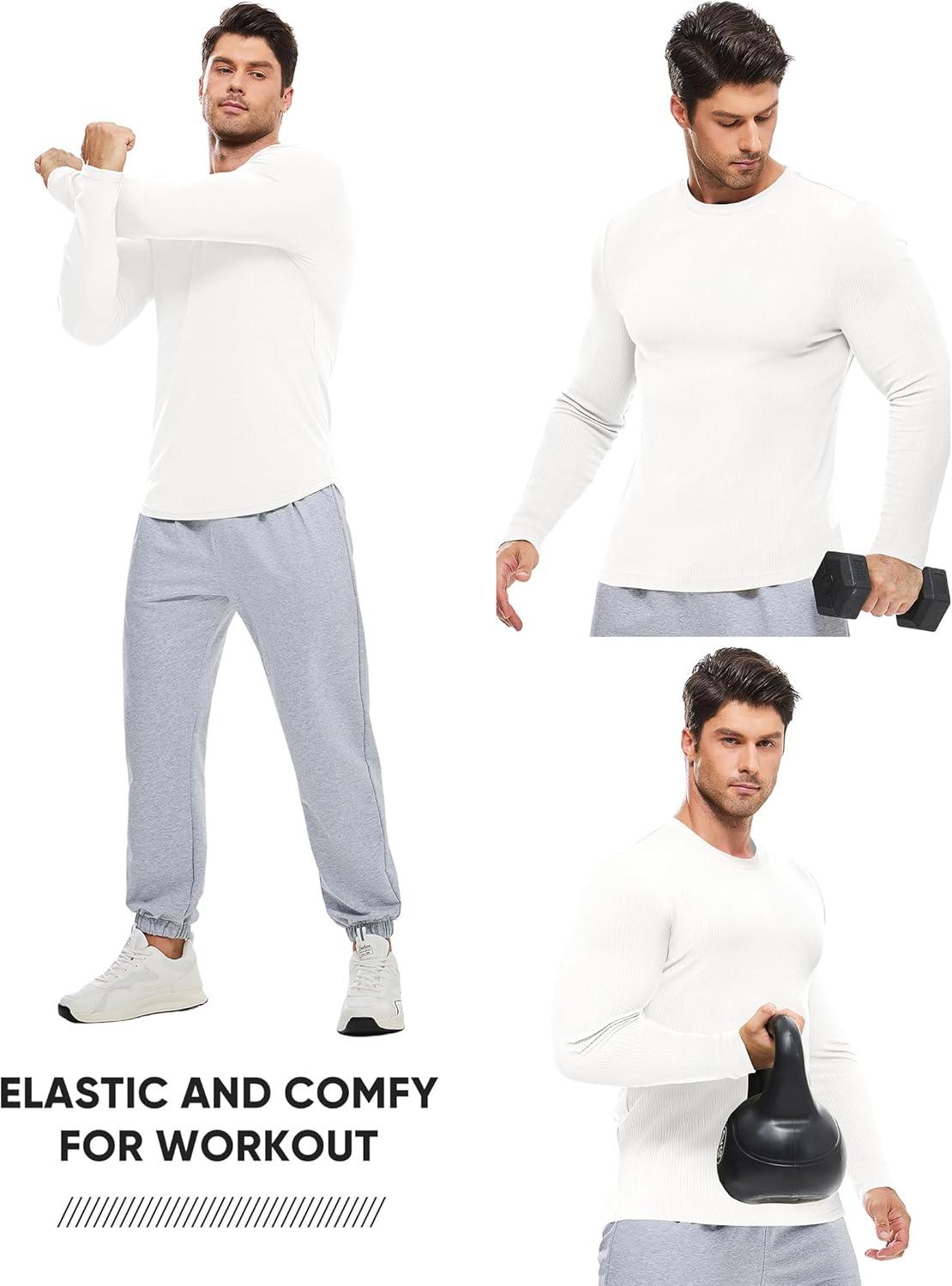 imageJMIERR Mens Fall Crewneck Shirt Long Sleeve AntiWrinkle Casual Muscle T Shirts Workout Slim Fitted0 White