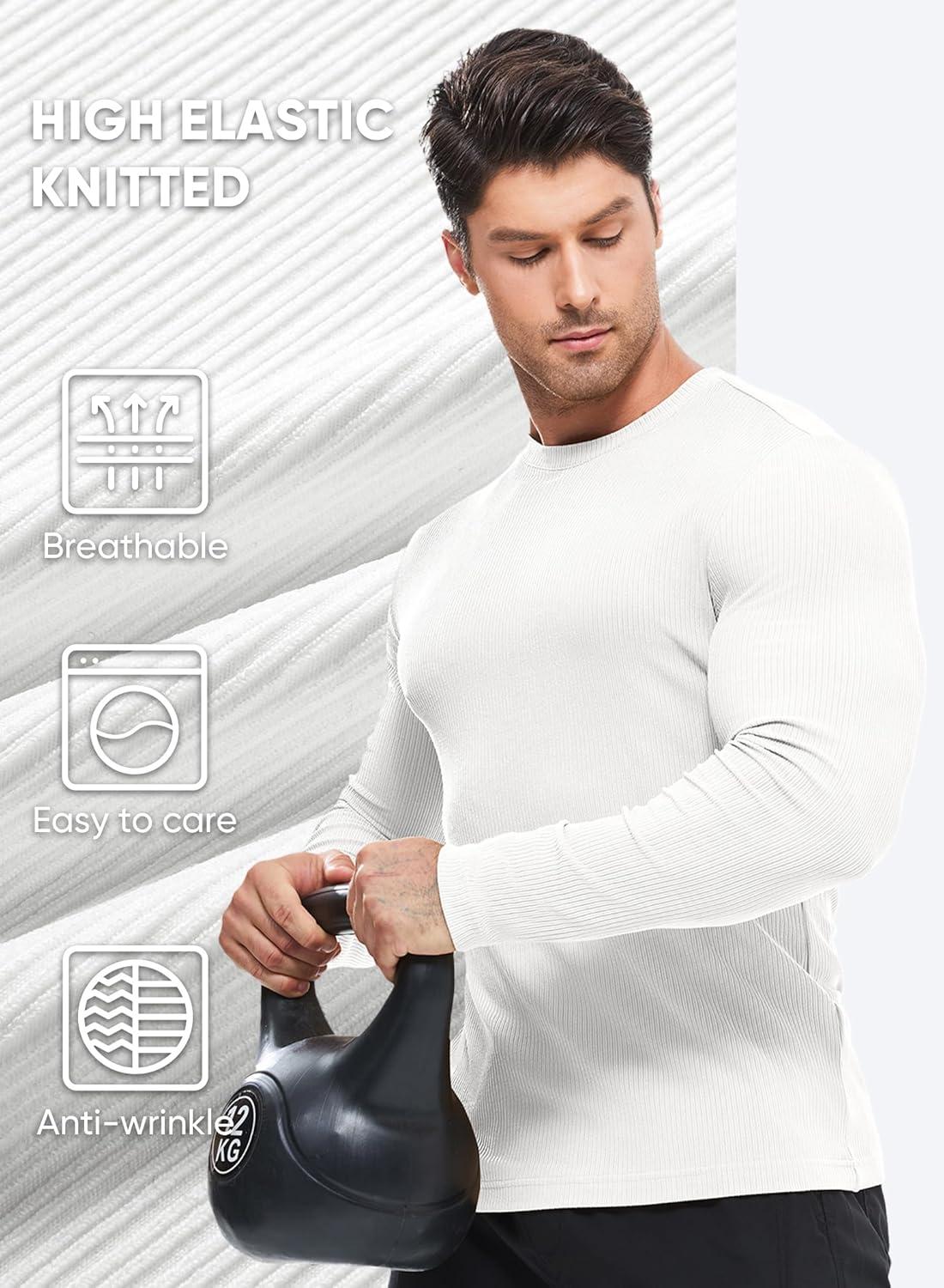 imageJMIERR Mens Fall Crewneck Shirt Long Sleeve AntiWrinkle Casual Muscle T Shirts Workout Slim Fitted0 White