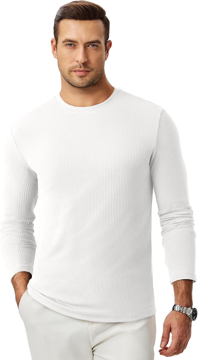imageJMIERR Mens Fall Crewneck Shirt Long Sleeve AntiWrinkle Casual Muscle T Shirts Workout Slim Fitted0 White