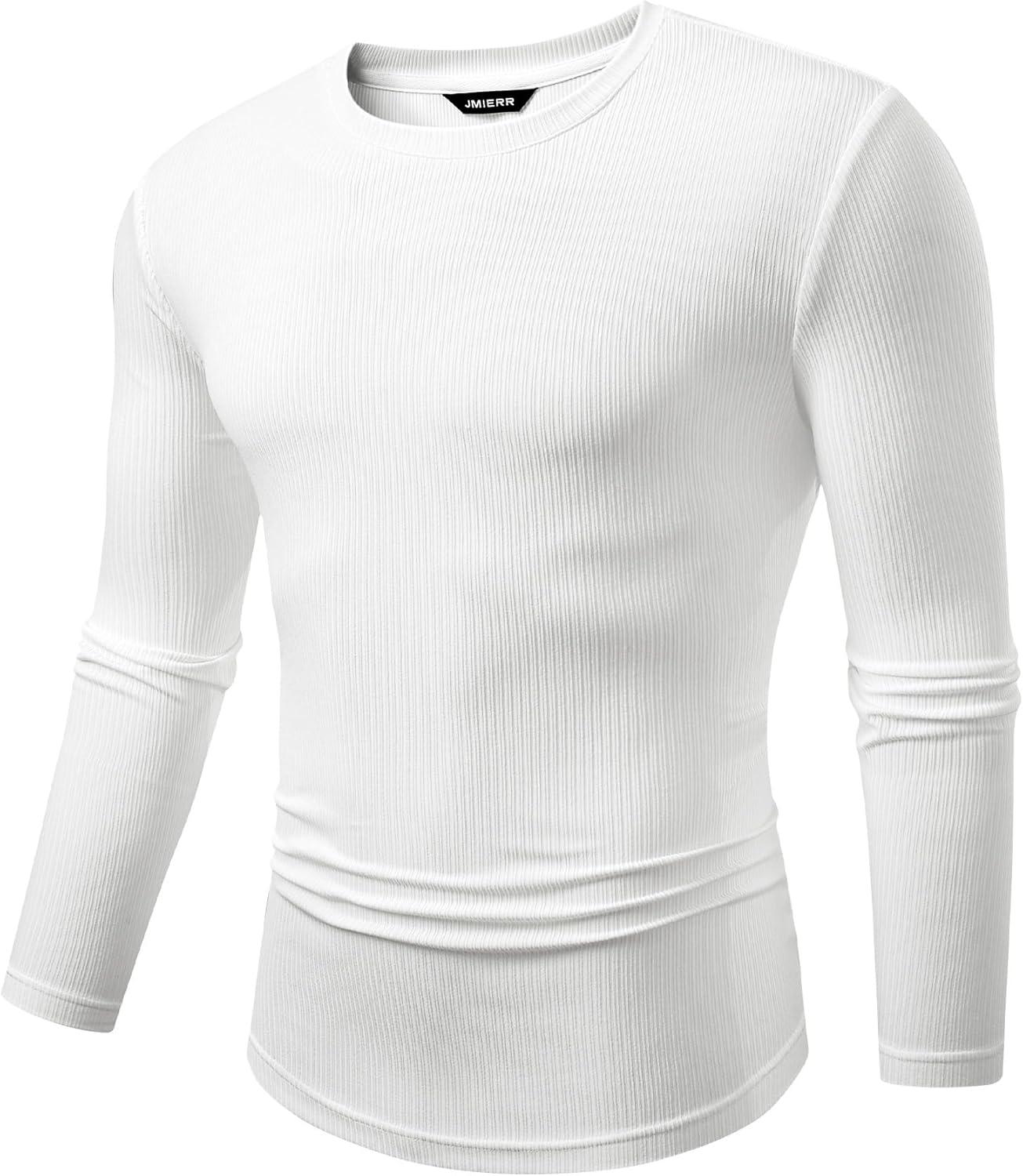 imageJMIERR Mens Fall Crewneck Shirt Long Sleeve AntiWrinkle Casual Muscle T Shirts Workout Slim Fitted0 White