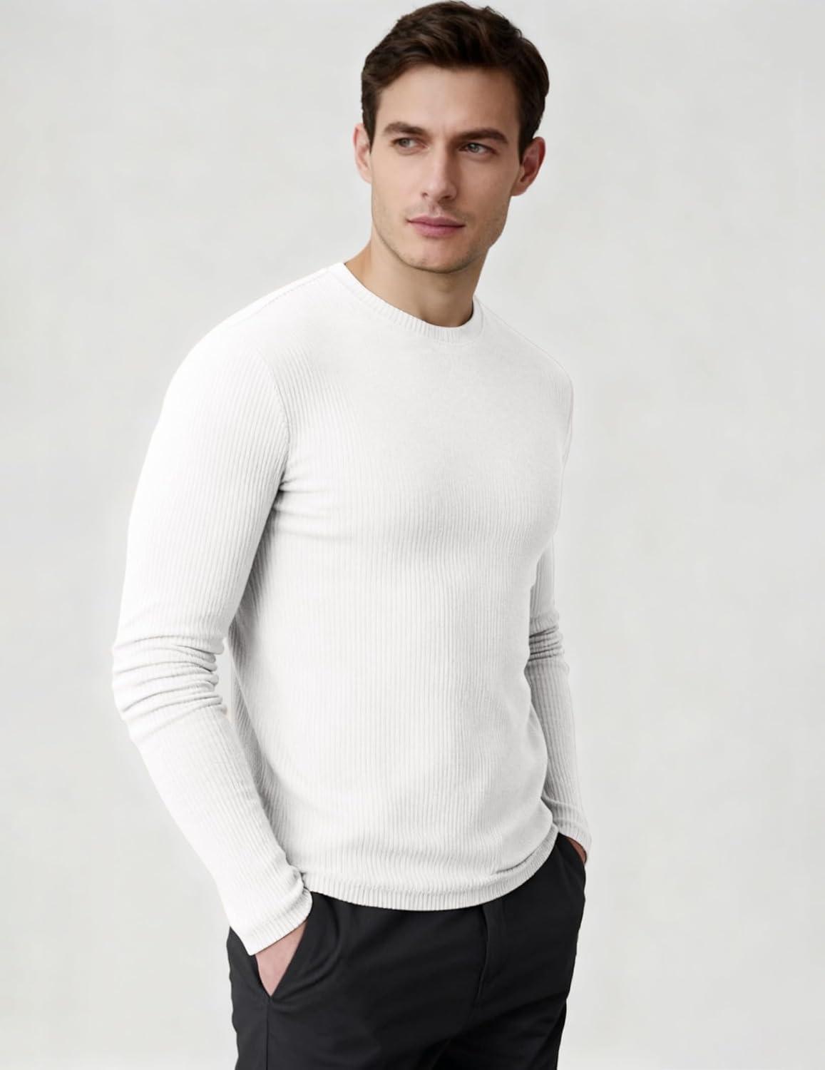 imageJMIERR Mens Fall Crewneck Shirt Long Sleeve AntiWrinkle Casual Muscle T Shirts Workout Slim Fitted0 White