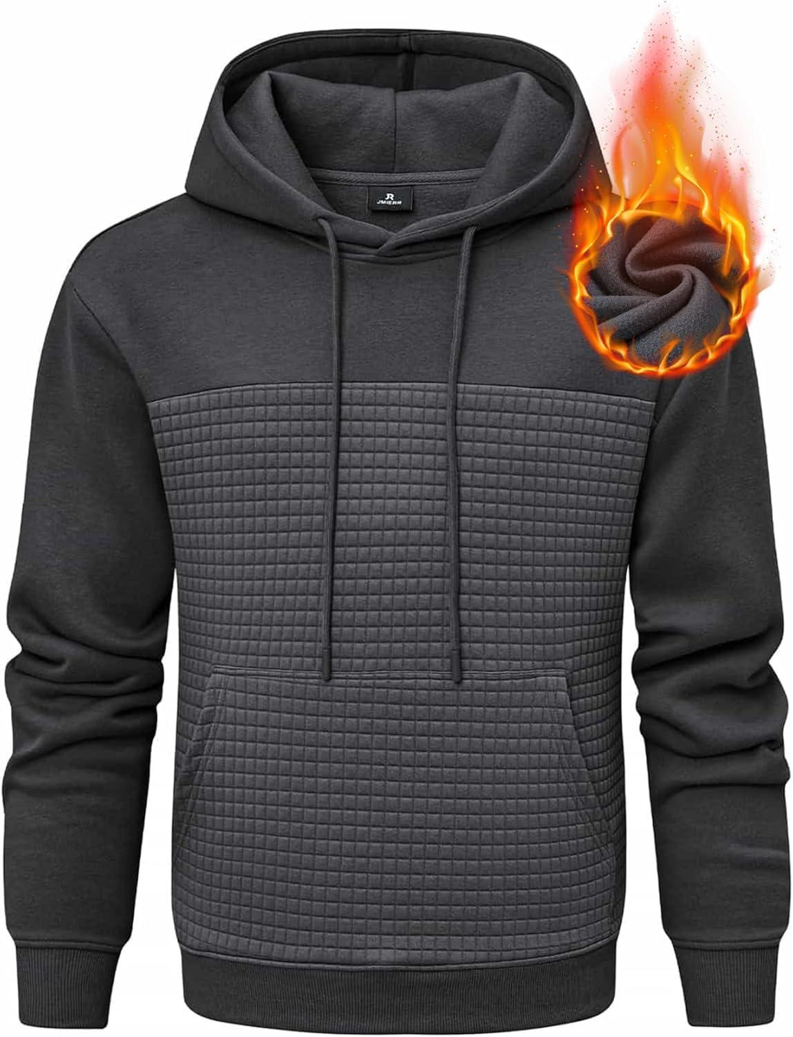 imageJMIERR Mens Hooded Sweatshirt Casual Cotton Long Sleeve Drawstring Fleece Waffle Pullover Hoodies with PocketsA Dark Grey