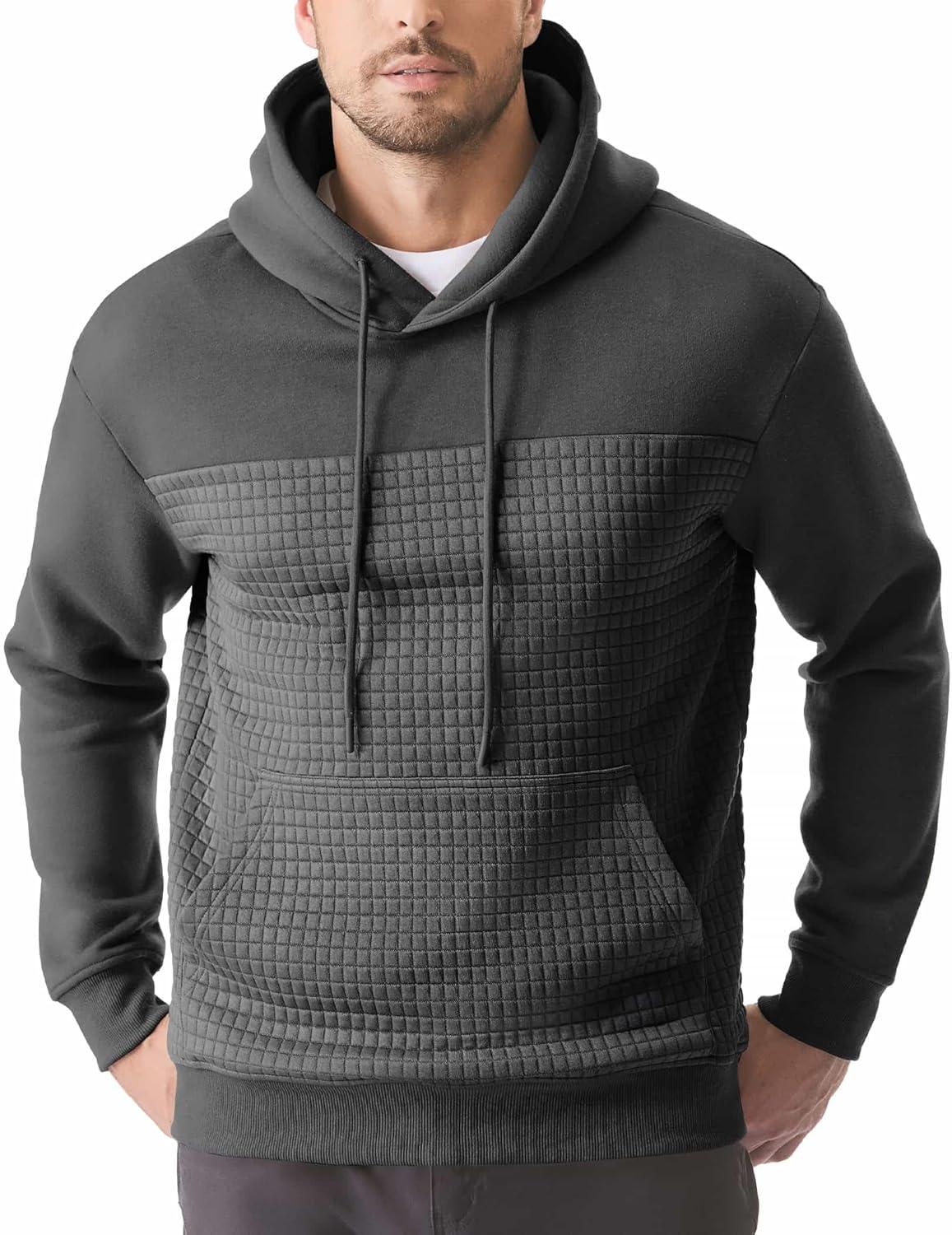imageJMIERR Mens Hooded Sweatshirt Casual Cotton Long Sleeve Drawstring Fleece Waffle Pullover Hoodies with PocketsA Dark Grey