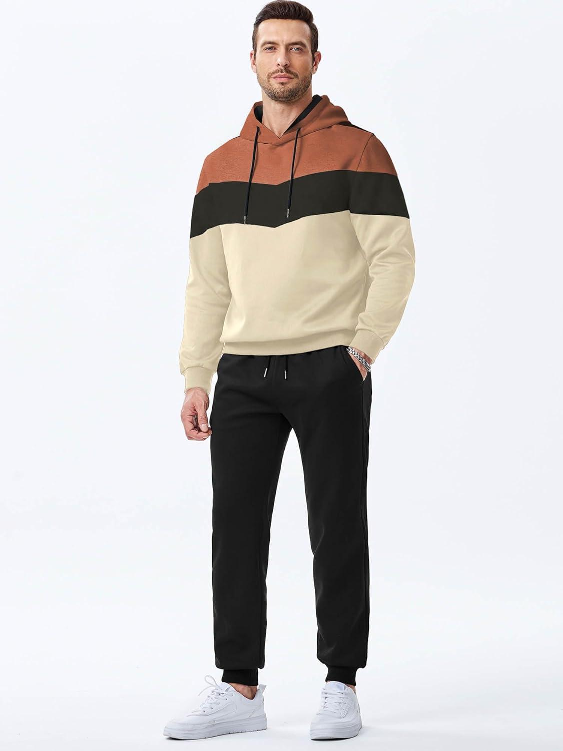 imageJMIERR Mens Hoodie Tracksuit 2 Pieces Set Novelty Color Block Pullover Fleece Hoodies Long Sleeve Casual SweatshirtApricot