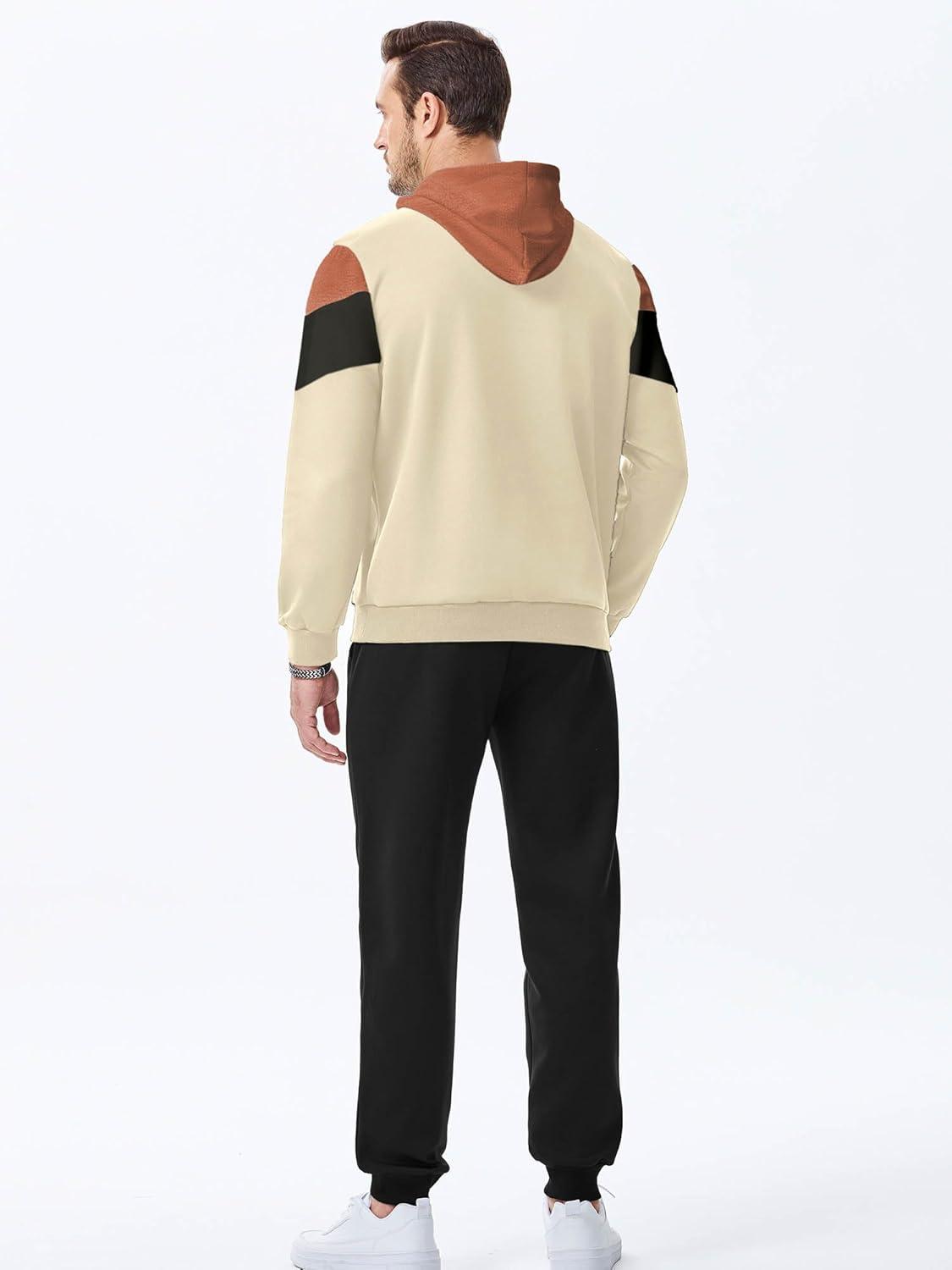 imageJMIERR Mens Hoodie Tracksuit 2 Pieces Set Novelty Color Block Pullover Fleece Hoodies Long Sleeve Casual SweatshirtApricot