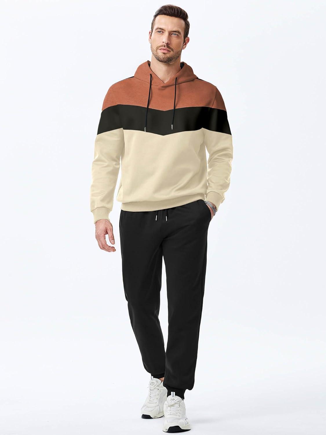 imageJMIERR Mens Hoodie Tracksuit 2 Pieces Set Novelty Color Block Pullover Fleece Hoodies Long Sleeve Casual SweatshirtApricot