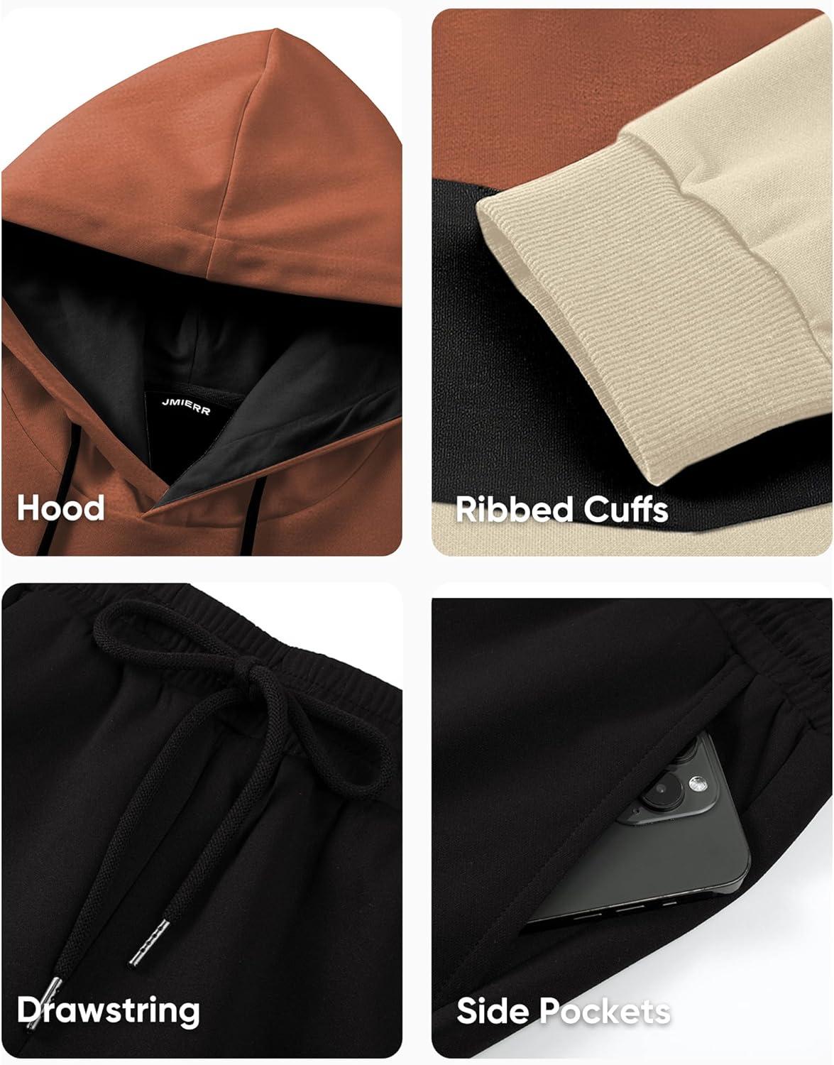 imageJMIERR Mens Hoodie Tracksuit 2 Pieces Set Novelty Color Block Pullover Fleece Hoodies Long Sleeve Casual SweatshirtApricot