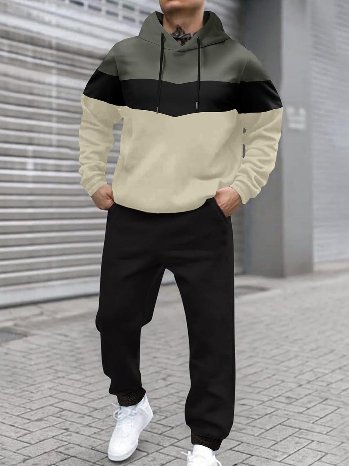 imageJMIERR Mens Hoodie Tracksuit 2 Pieces Set Novelty Color Block Pullover Fleece Hoodies Long Sleeve Casual SweatshirtLaurel Green