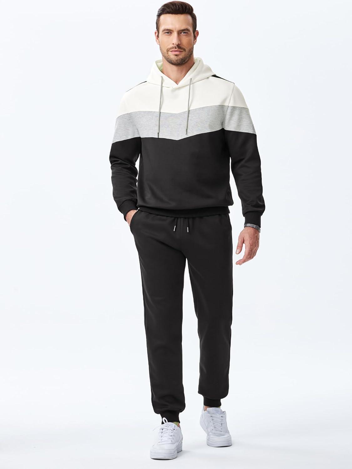 imageJMIERR Mens Hoodie Tracksuit 2 Pieces Set Novelty Color Block Pullover Fleece Hoodies Long Sleeve Casual SweatshirtWhite